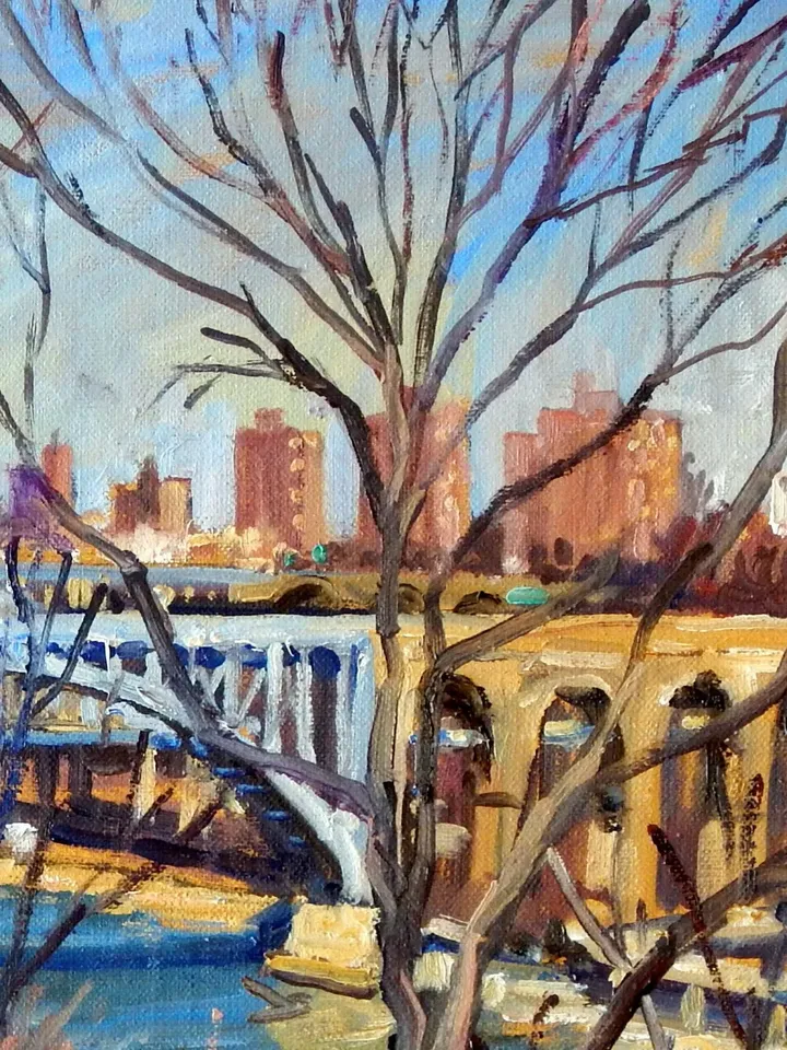 Original New York Landscape Painting - High Bridge/Harlem River/NYC - 16x16 Oil on Canvas, Urban Impressionist Plein Air Fine Art