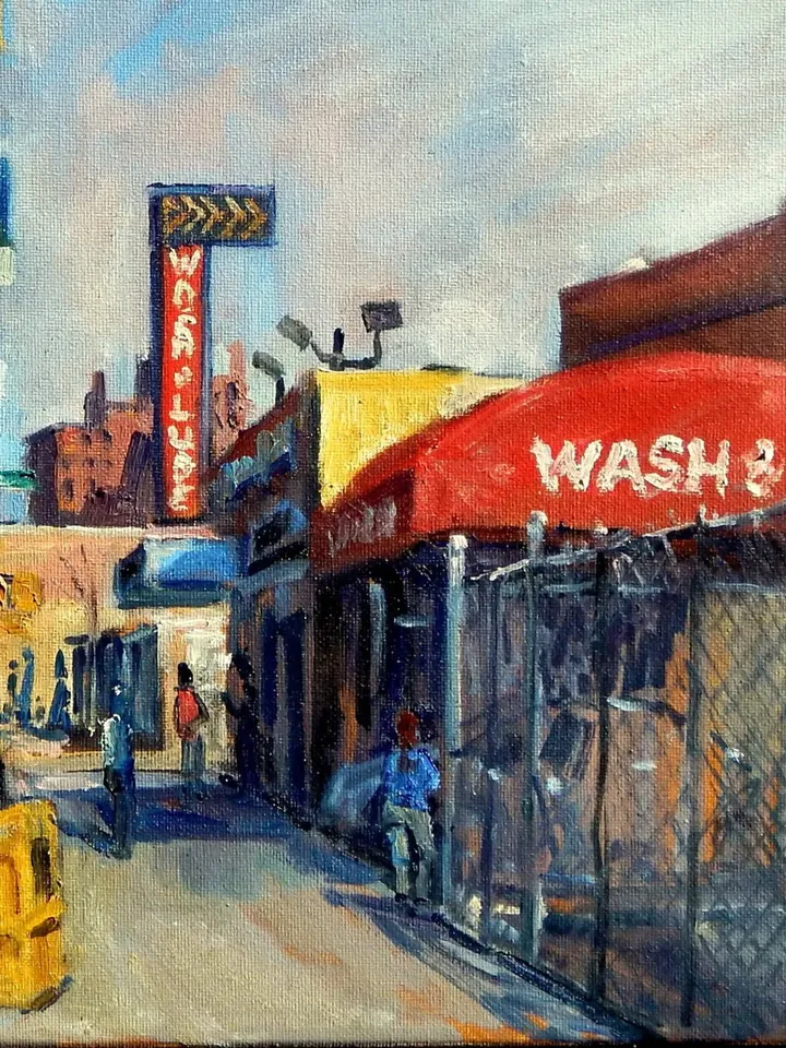 Original New York Cityscape Painting - Broadway Bridge Car Wash/Inwood NYC- 16x20 Oil on Canvas, Signed Original Impressionist Landscape