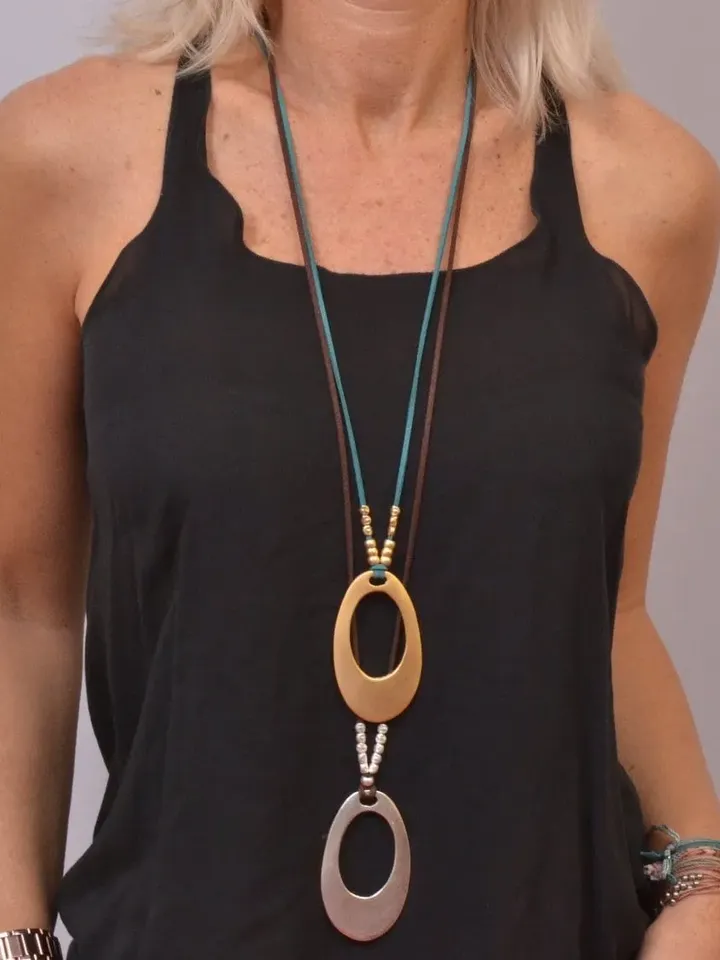 Silver or Gold OVAL PENDANT NECKLACE for Women, Bold Boho Suede Vegan Jewelry, Everyday Layering Statement, Large Open Oval Pendant