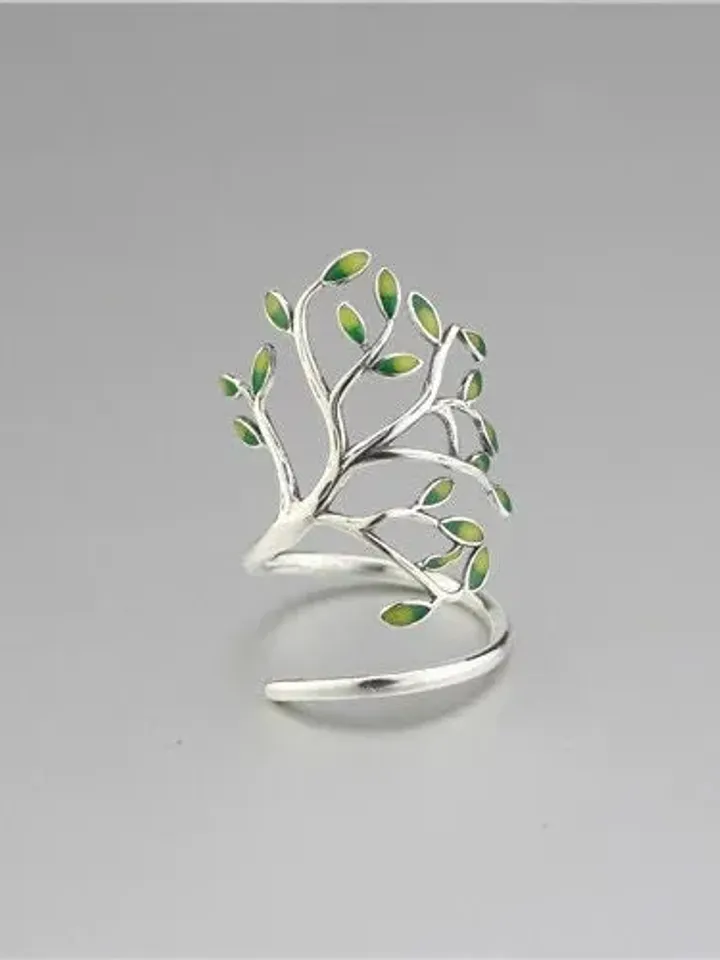 925 Silver Tree Ring, Leaf Ring, Adjustable Leaf Ring Silver, Green Leaf Ring, Leaf Ring, Adjustable Silver Ring, Green Ring, Leaf Rings