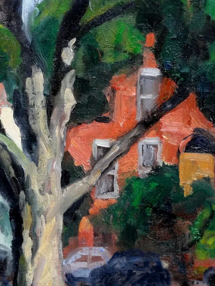 New York Landscape Painting - Tree and Brownstones/Albany- 18x24 Oil on Linen, Plein Air Impressionist Signed Original