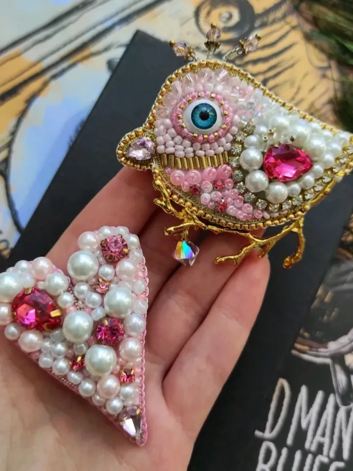 Set of brooches, bird, heart pin, bird brooch, heart brooch, jewelry set, gift for her, handmade brooch pin