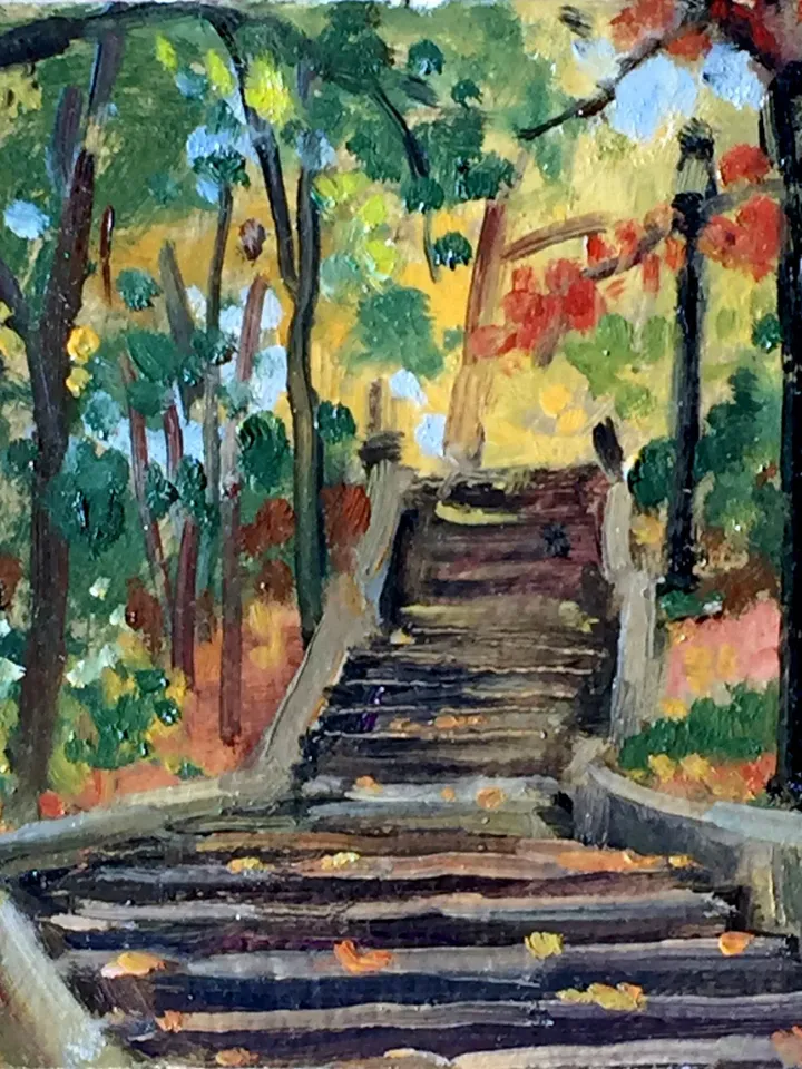 Small New York Park Landscape Painting - Isham Steps/Autumn - 6x6 Oil on Panel, Urban Impressionism, American Fine Art, Signed NYC Original
