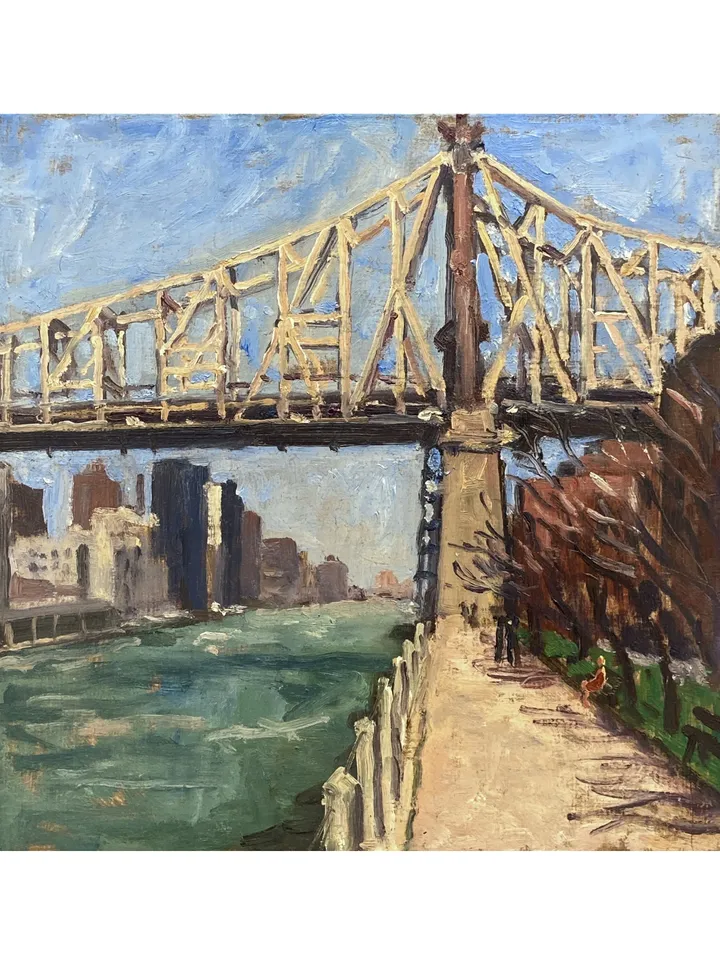 The Queensborough Bridge - 12x12 Oil on Panel, Urban NYC Impressionist Fine Art, Signed Original Plein Air Cityscape Painting