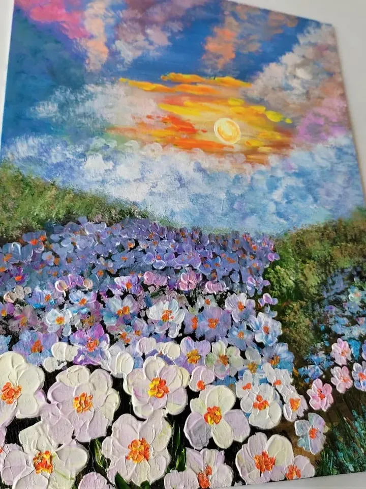 White flower canvas wall art a sunset painting impasto