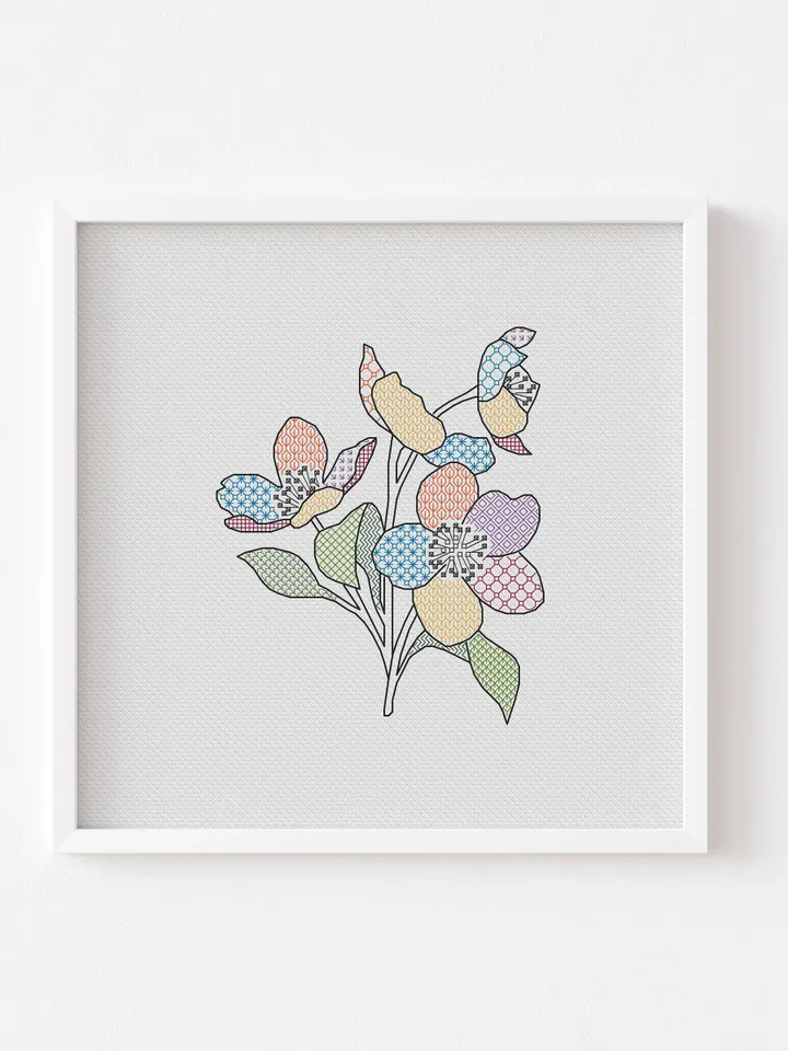 Hellebore Blackwork Embroidery Pattern PDF, Modern Backstitch Pattern PDF Blackwork Embroidery Chart, Downloadable PDF Embroidery Pattern
