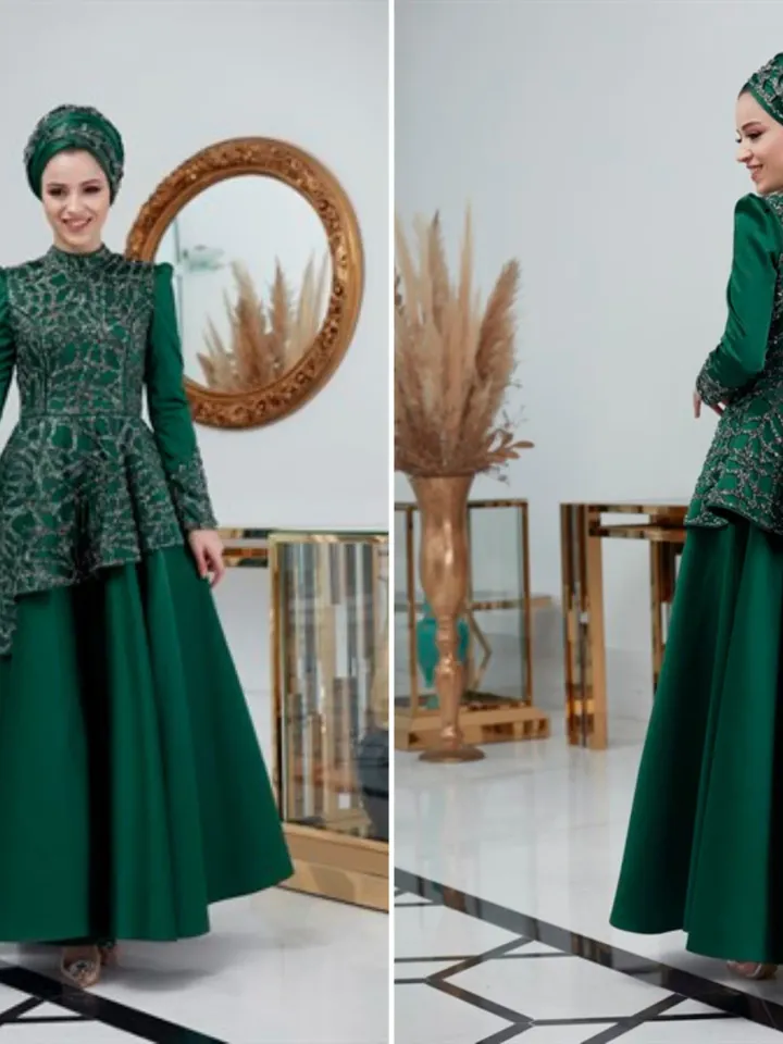 AHUNARE HIJAB - Hürrem  Green Embroidered Wedding Dress, Muslim Evening Gown, Nikah, Islamic Wedding, Engagement, Bridesmaid,