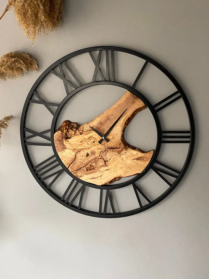 Metal&Olive Wood Wall Clock, 28"(70cm) Unique Wall Clock, Wooden Wall Clock, Live Edge Wall Clock, Farmhouse Clock