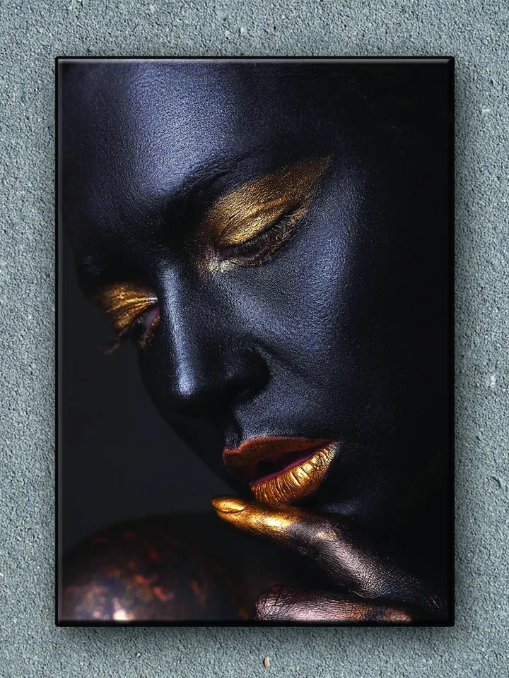 African Woman , Golden Make-Up Woman Print on Canvas , Floating Frame Option, Modern Wall Art, Canvas Wall Art , Extra Large Wall Art