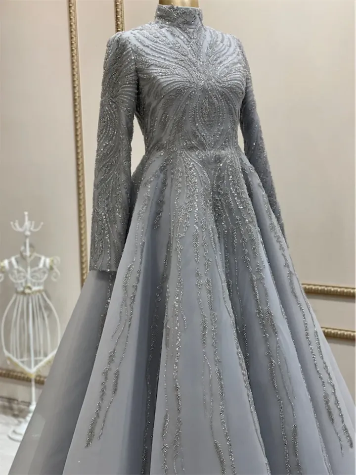 AHUNARE HIJAB - Masal Tam Daire Ice Blue Embroidered Wedding Dress, Muslim Evening Gown, Nikah, Islamic Wedding, Engagement, Bridesmaid,
