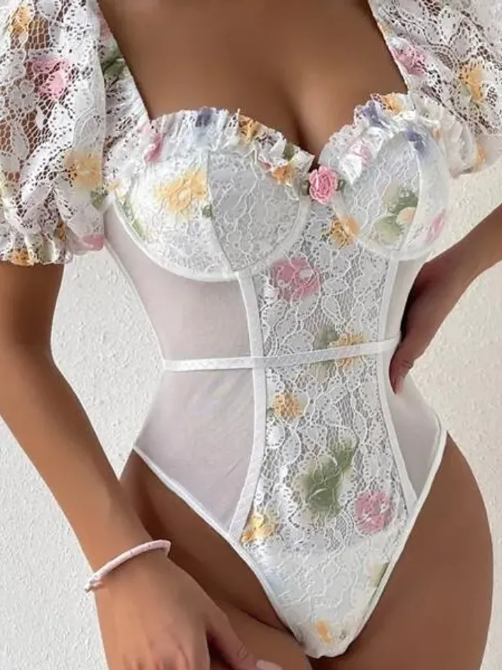 Sexy Floral Lace Sweetheart Neck Puff Sleeve Backless Skinny Bodysuit Top Tee Blouse