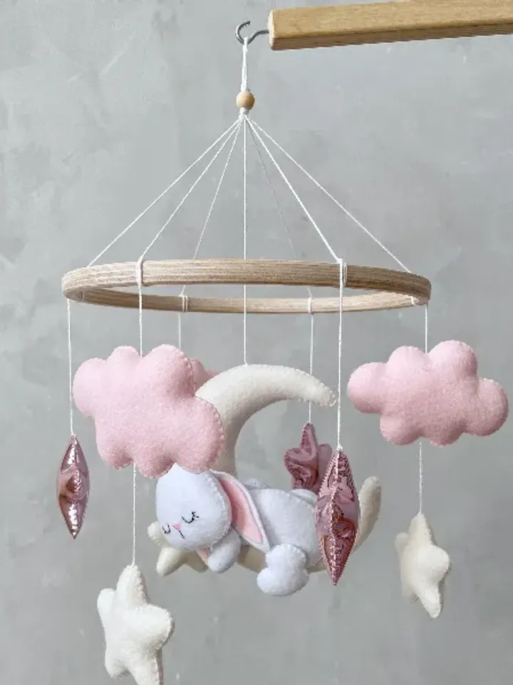 Bunny pink mobile baby girl. Woodland baby mobile. Bunny crib mobile girl. Nursery decor girl