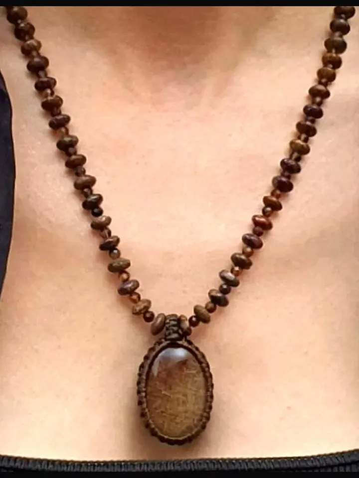 Silver Necklace with Brown Agate and Jasper Gemstone Beads and Rutilated Quartz Pendant, Rutil Quartz Handmade Necklace Gifts for