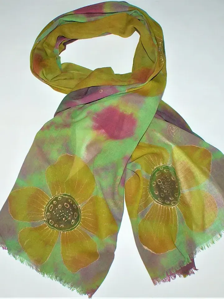 Green yellow cotton floral scarf Womens cotton long scarf Hand dyed scarf