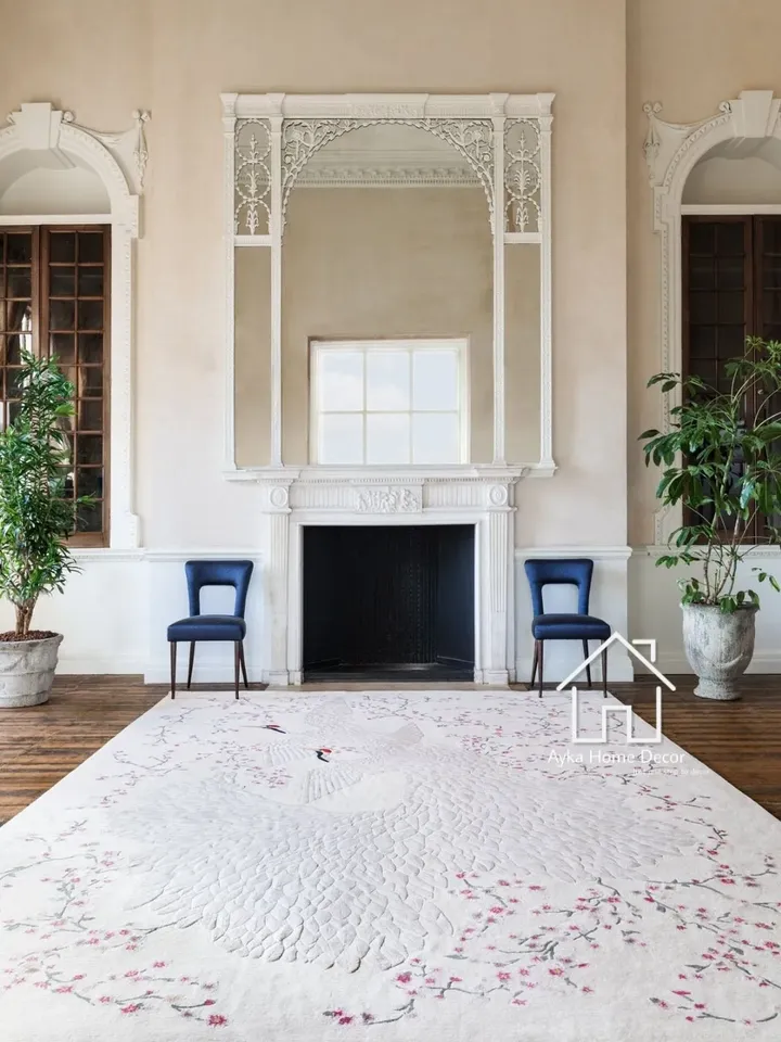 White Peacock Textured Hand Tufted Erase Pattern Traditional Area Rug Woolen Carpet Large Area Rug Silk & Wool For Customized Size Dm us
