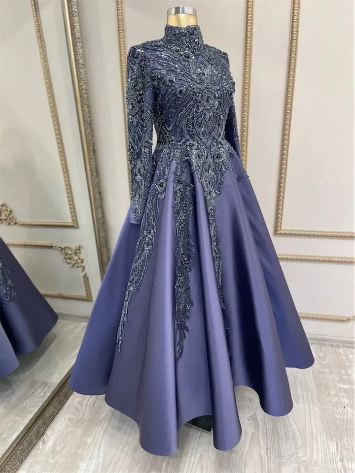 AHUNARE HIJAB - Lal Navy Blue Embroidered Wedding Dress, Muslim Evening Gown, Nikah, Islamic Wedding, Engagement, Bridesmaid,