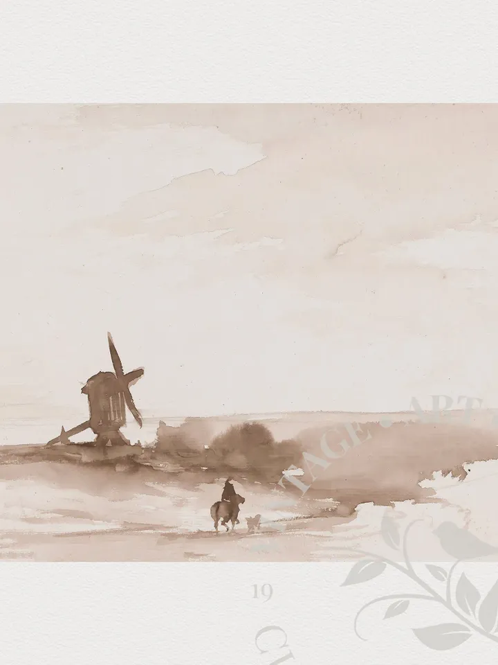 Abstract Landscape Windmill Watercolor Painting, Vintage Art Downloadable Printable Wall Art | 113
