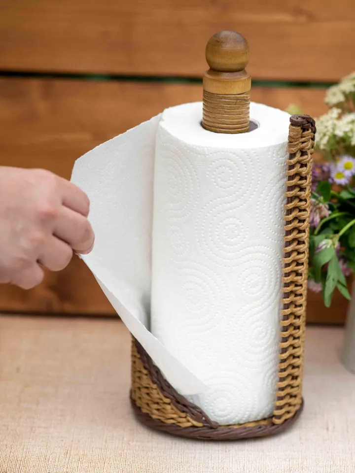 Paper towel holder with wooden tip. Wicker handmade holder.