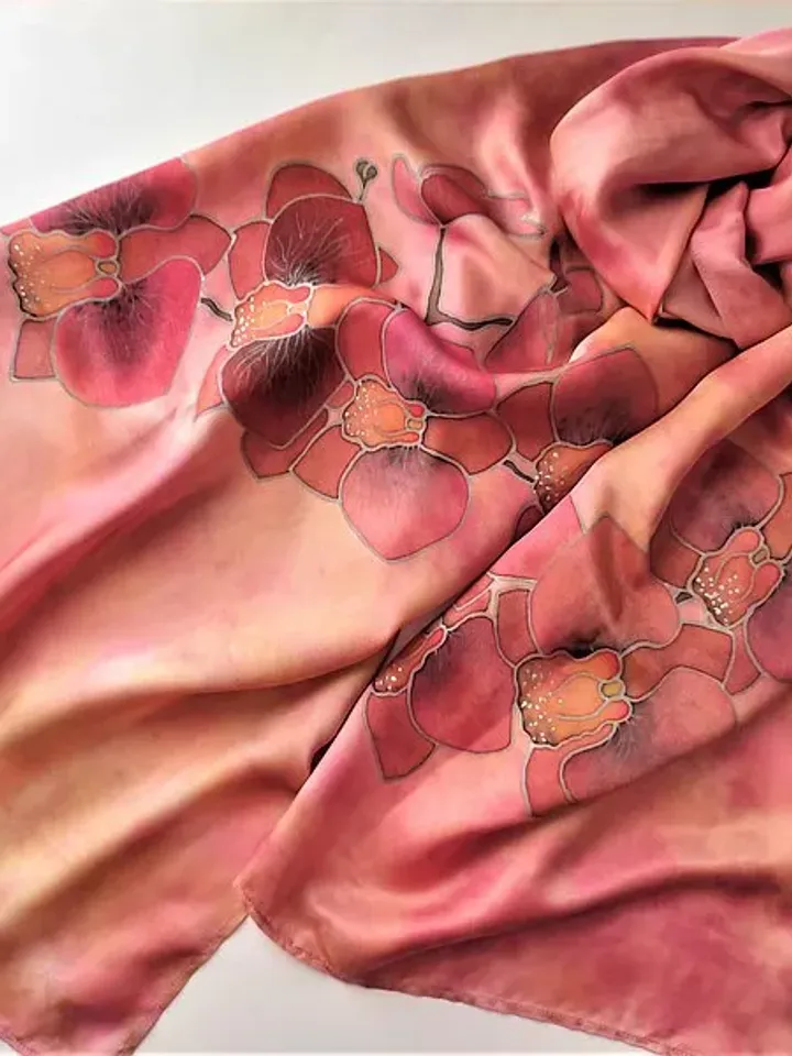 Beautiful long silk scarf Hand painted scarf Orchid print scarf silk satin scarf