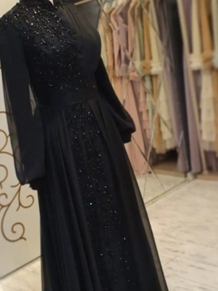 AHUNARE HIJAB - Elit Black Chiffon Tailed Wedding Dress, Muslim Evening Gown, Nikah, Islamic Wedding, Engagement, Bridesmaid,