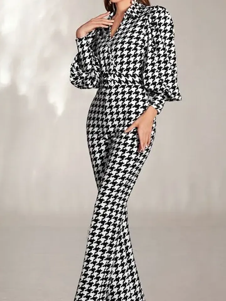 Houndstooth Print V Neck Bishop Sleeve Belted Flare Leg Jumpsuit
