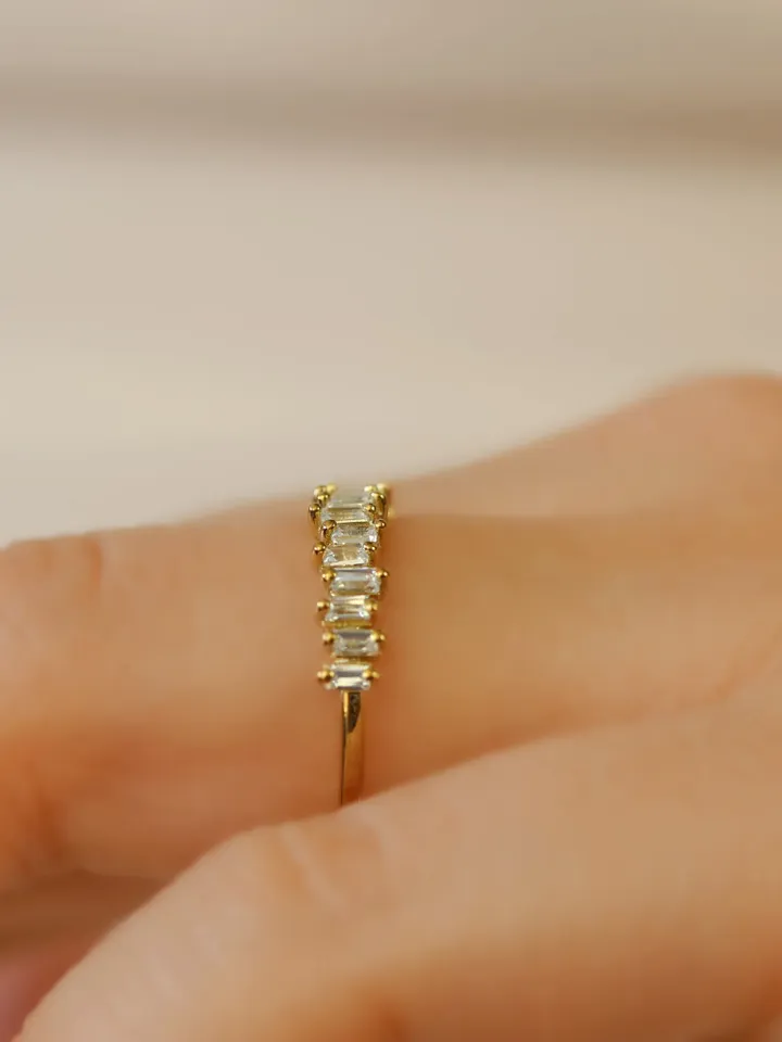 HALF ETERNITY RINGS | Dainty Eternity Moissanite Baguette Gold Plated Ring | White Gold Rings | Women Wedding Ring | Unique Gold Rings