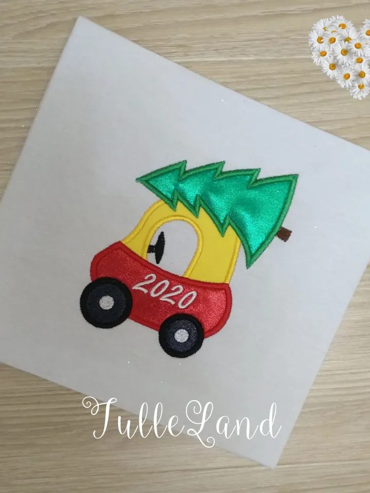 My 1st Christmas Car with Tree Christmas Tree on truck Happy New Year Design applique for Machine Embroidery
