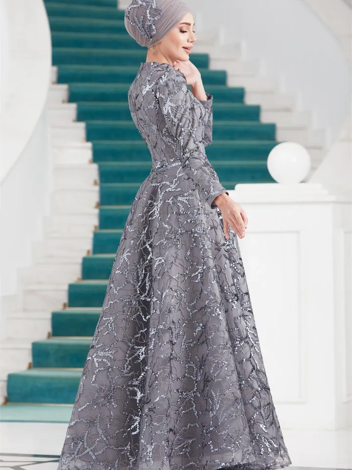 AHUNARE HIJAB - Salkım Grey Embroidered Wedding Dress, Muslim Evening Gown, Nikah, Islamic Wedding, Engagement, Bridesmaid,