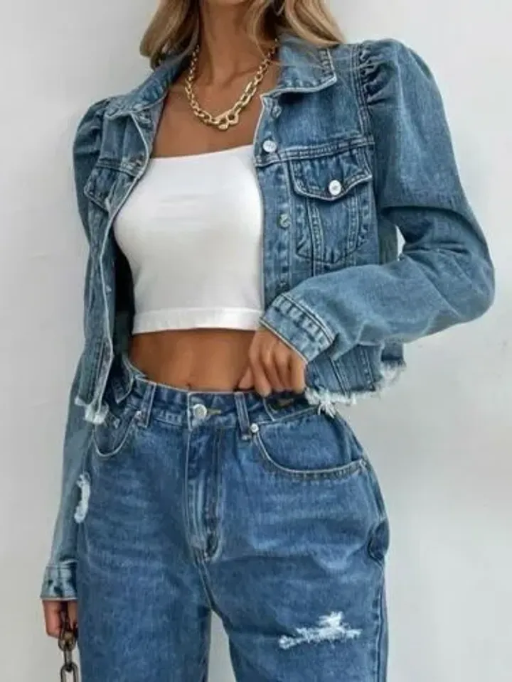 Women Ladies Puff Sleeve Raw Hem Pockets Button Front Crop Jean Denim Jacket