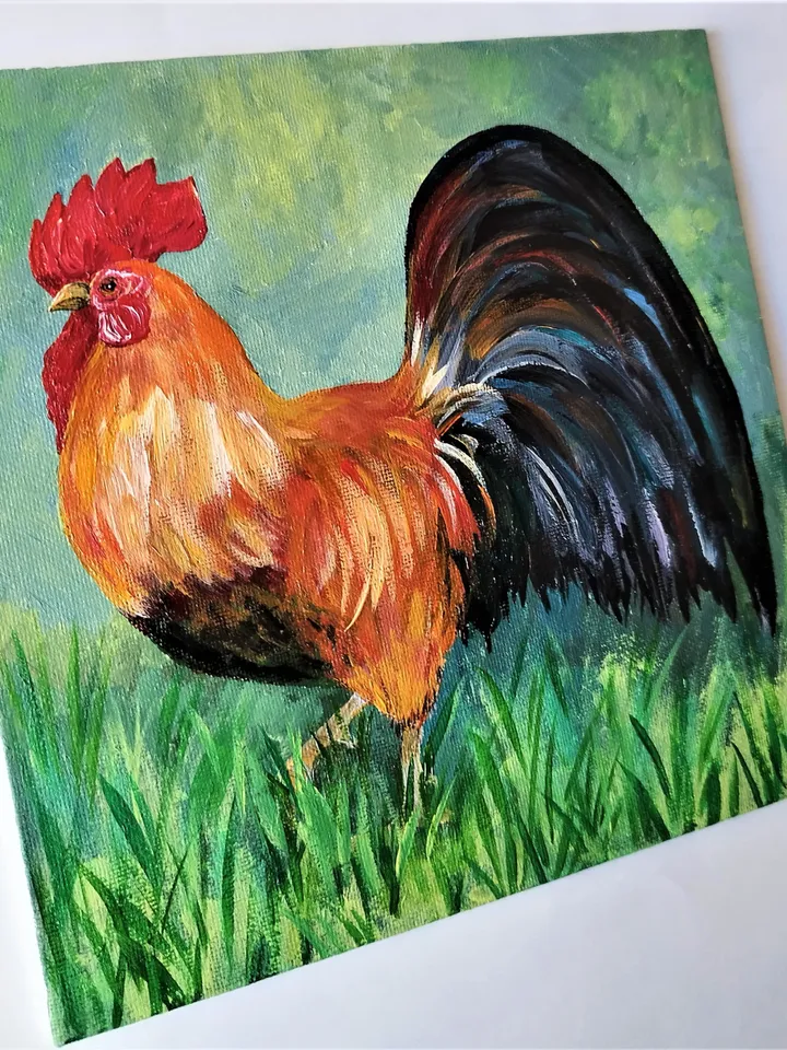 Rooster painting, Farm bird original art, Farm animal acrylic painting, Chicken portrait