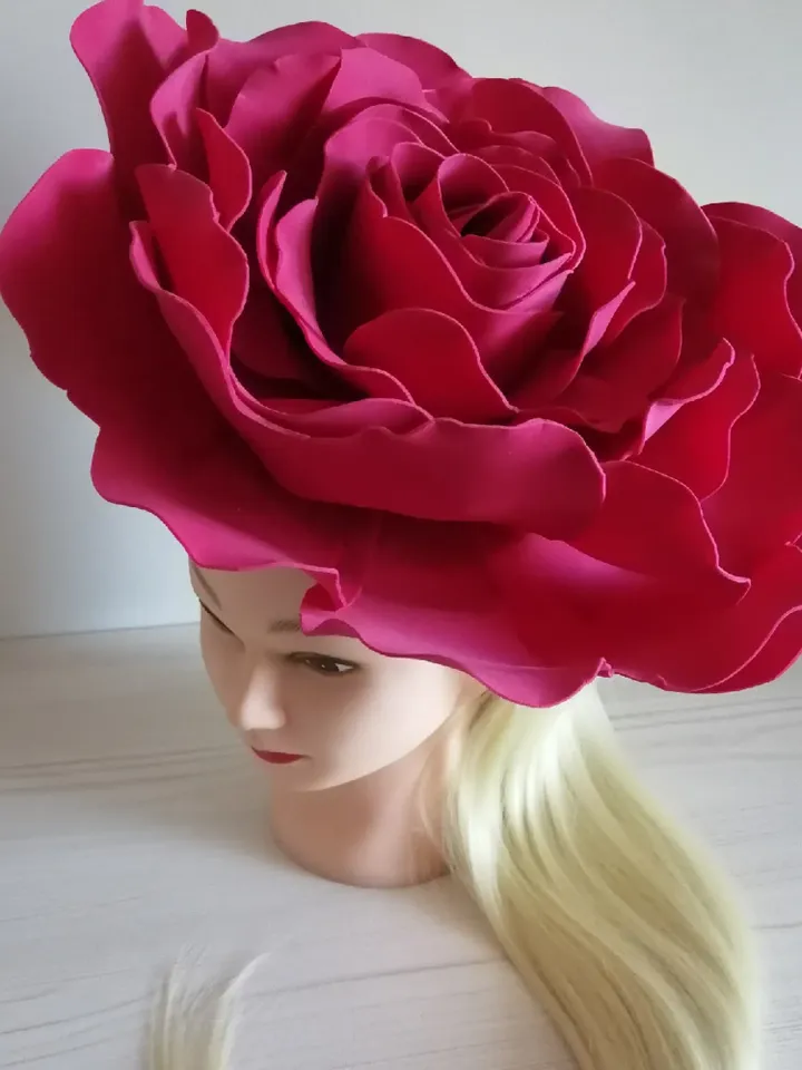Big Rose Derby hat Wedding Fascinator 13" Bridal Headband crimson giant flowers Hair Clip Vintage hairpins
