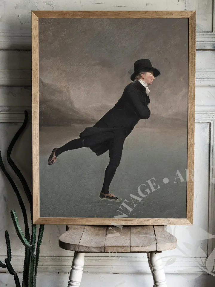 Winter Wall Art Vintage Portrait Antique Oil Painting, Gentleman Skating PRINTABLE, Large Moody Holiday Decor, Digital Downloadable | 328