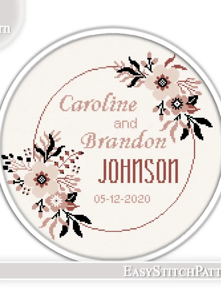 Wedding cross stitch pattern. DIY. Wedding announcement. Floral border.