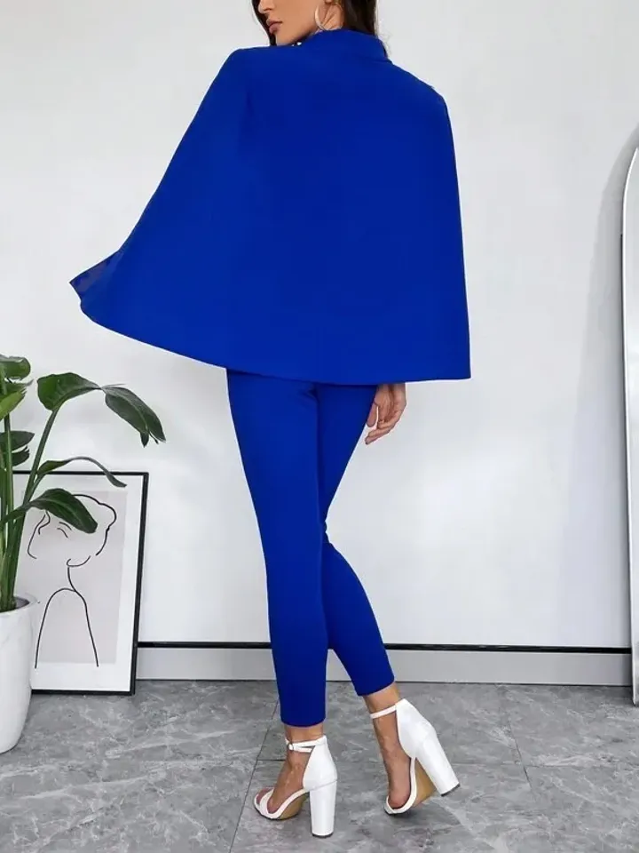 Elegant Blue Shawl Collar Cloak Sleeve Skinny Jumpsuit Pants Shirt Women Ladies Casual