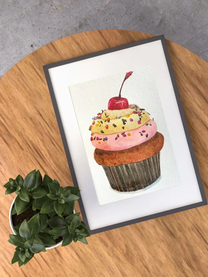 Cupcake painting - Hand made decorative,original watercolor painting,wall art
