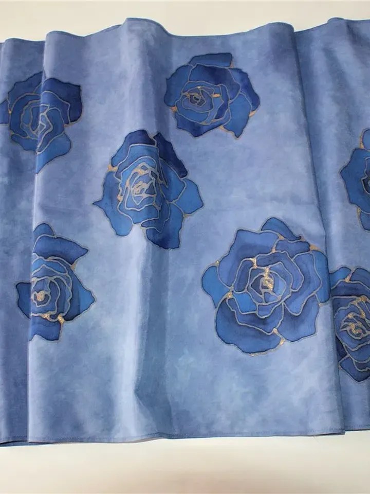 Silk cotton blend scarf Hand painted scarf Indigo blue scarf wrap Floral scarves