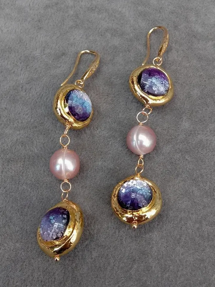 Glass Dangle Earrings with Pearls, Gold Glass Dangle Earrings, Glass Earrings, Gold Pearl Dangle Earrings, Gold Dangle Earrings, Bohemian