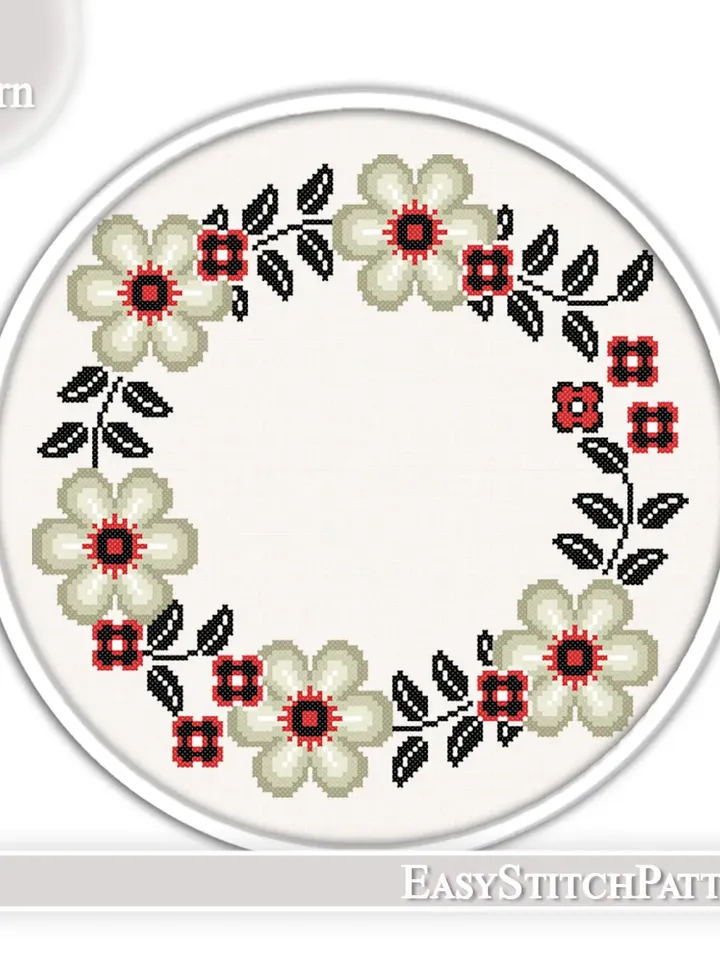 Gothic cross stitch pattern. Floral Wreath cross stitch. Flower frame Cross Stitch.
