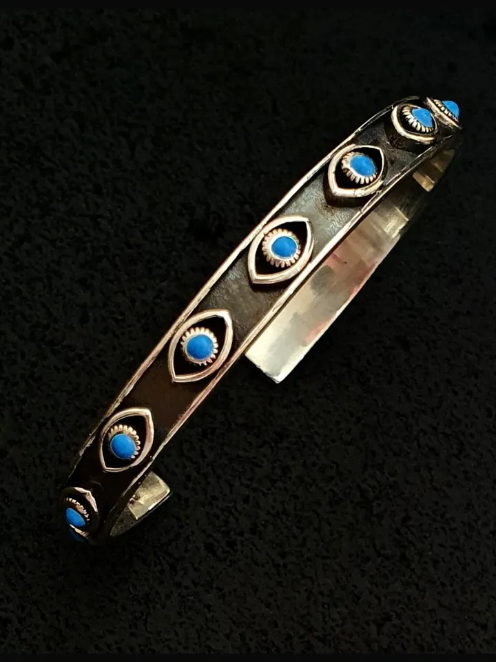 Solid Silver Evil Eye Cuff Bracelet, High Quality Thick & Solid 925 Sterling Silver Handmade  Adjustable Bangle, Christmas Gifts for Women