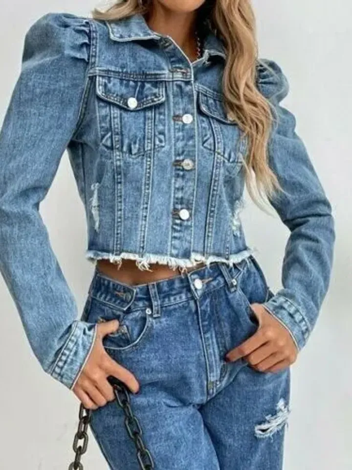 Women Ladies Puff Sleeve Raw Hem Pockets Button Front Crop Jean Denim Jacket