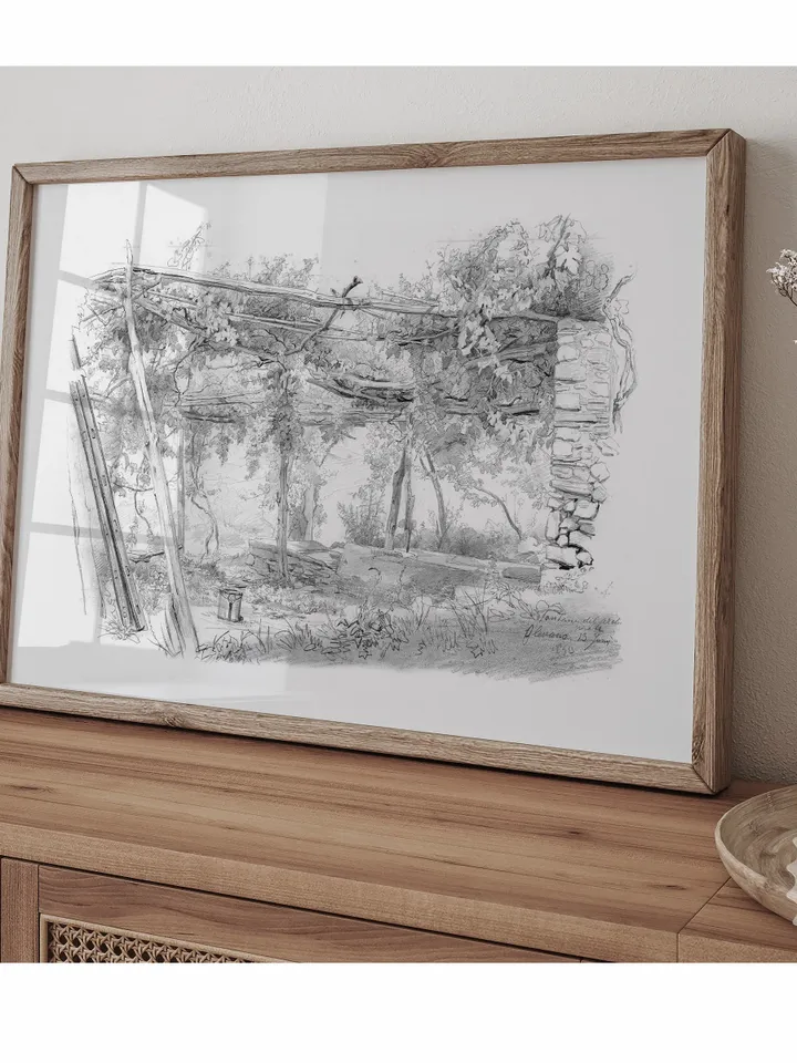 Antique Landscape Sketch, Neutral Farmhouse Vintage Print, Printable Country Scene Art, Downloadable | 378