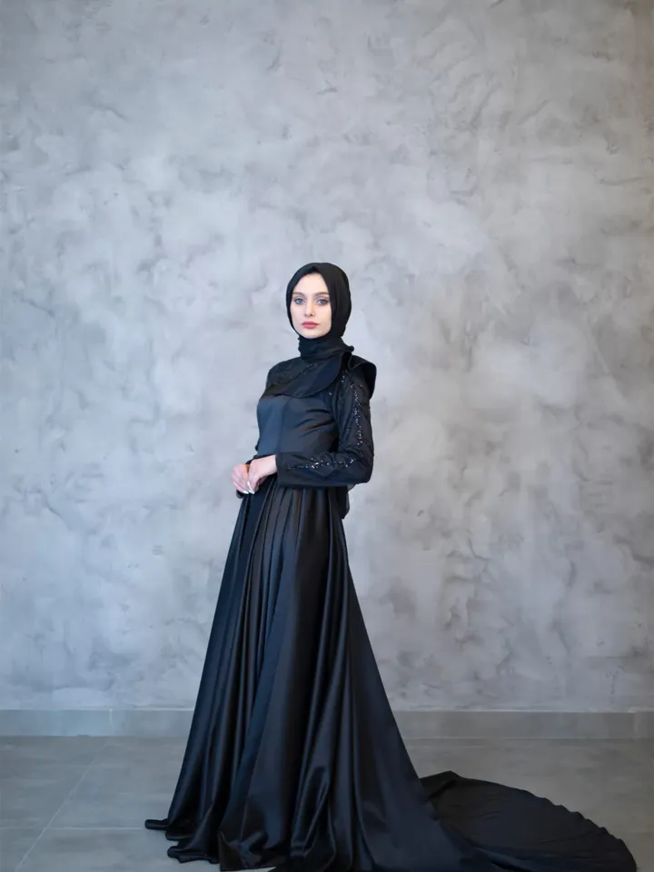 AHUNARE HIJAB - Mahra Black Satin Wedding Dress, Muslim Evening Gown, Nikah, Islamic Wedding, Engagement, Bridesmaid,