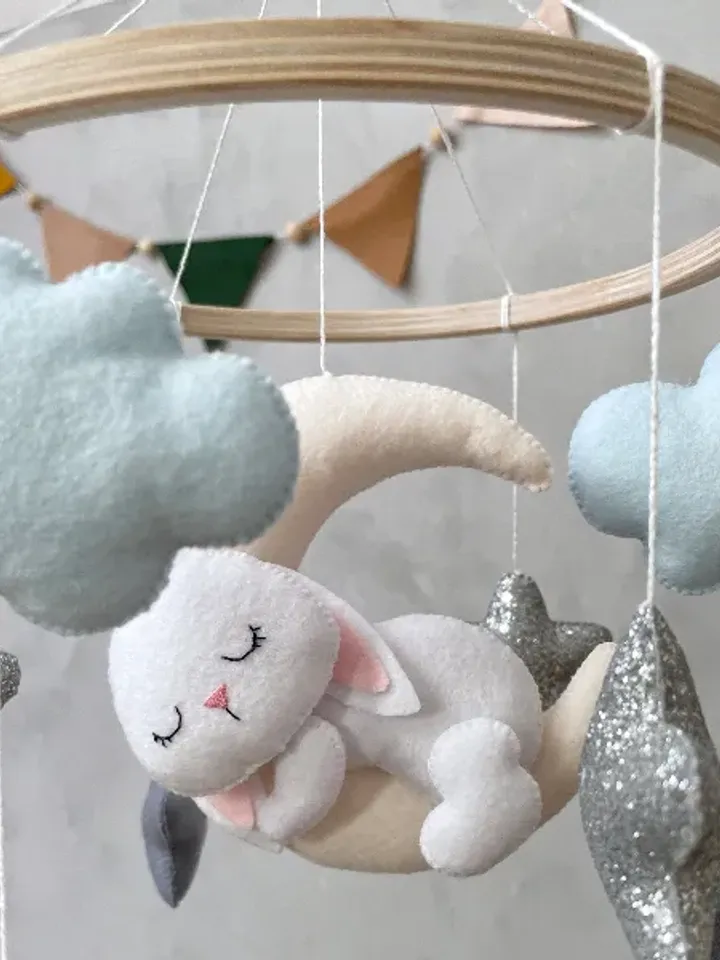 Bunny baby mobile boy blue, Bunny crib mobile boy, Woodland cot mobile baby boy bunny