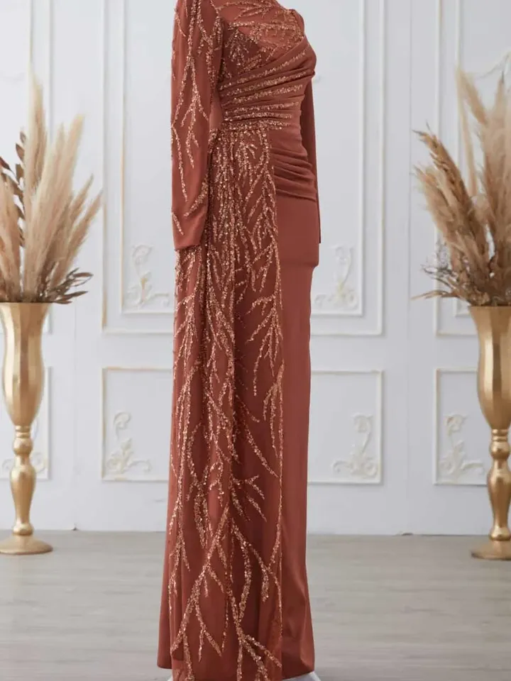 Güneş Brick Color Side-tTailed Satin Embroidered Ahunare Wedding Dress, Muslim Evening Gown, Wedding, Engagement, Bridesmaid, Maxi Dress