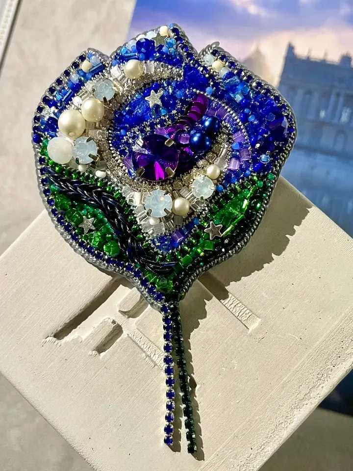 Beaded Flower Brooch, Handmade Embroidered Accessory, Pin Blossom in Blue Color with Half-moon Crescent, Moon Brooch