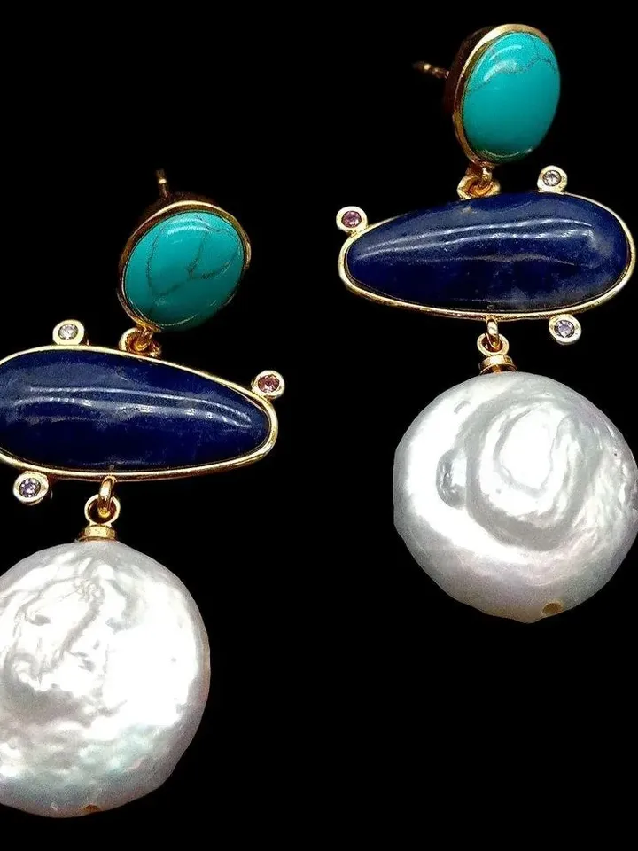 Turquoise Earrings, Pearl Earrings, Turquoise and Pearl Earrings, Gold Plated Turquoise Earrings