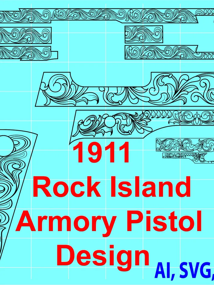 1911 Rock Island Armory Pistol Design Custom, Ai, Vector, SVG, DXF, PNG, Digital