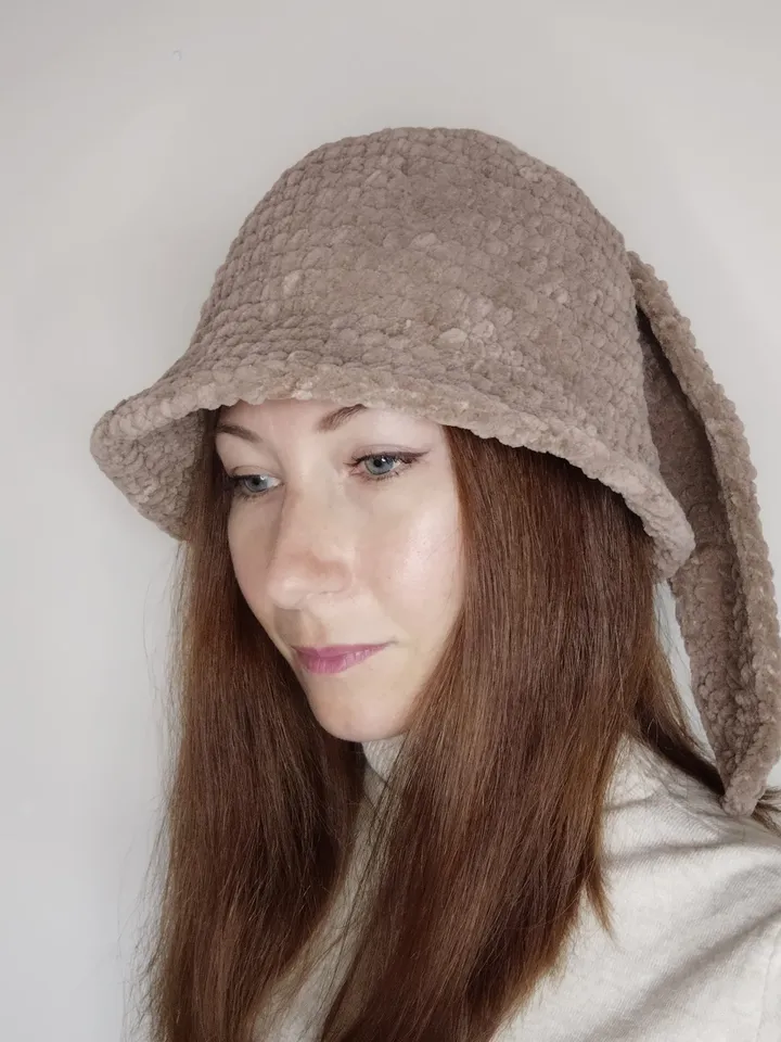 Brown bunny bucket hat with bunny ears. Fluffy bucket hat crochet. Plush bunny bucket hat. Gift for teens