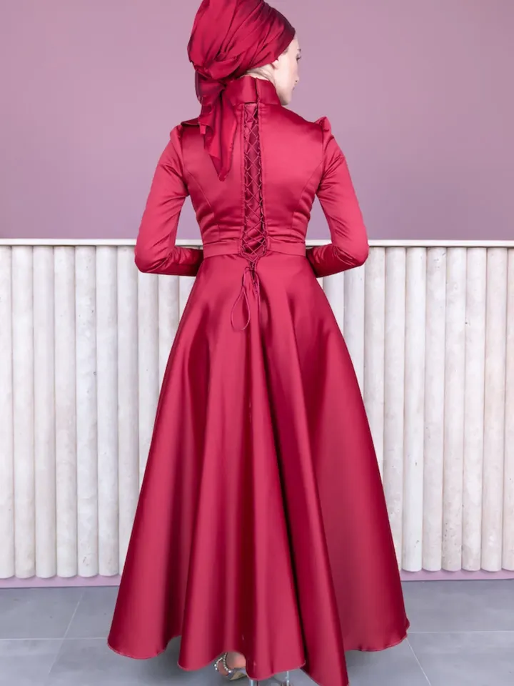 AHUNARE HIJAB - Nazan Red Satin Wedding Dress, Muslim Evening Gown, Nikah, Islamic Wedding, Engagement, Bridesmaid,
