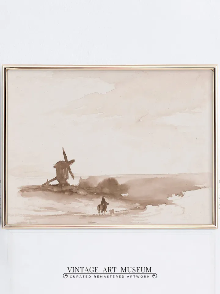 Abstract Landscape Windmill Watercolor Painting, Vintage Art Downloadable Printable Wall Art | 113
